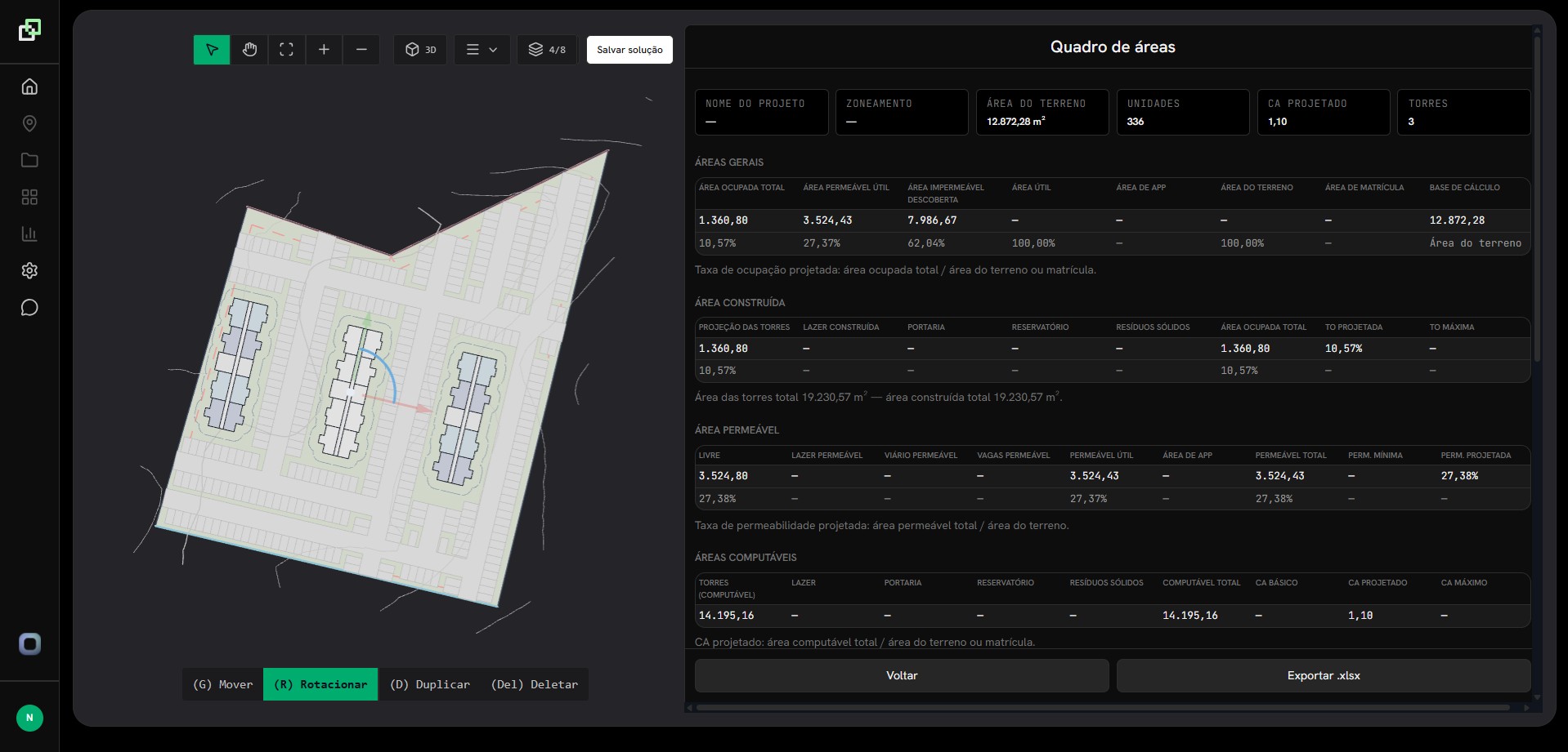 Arqgen platform solution details with 3D site plan and areas table