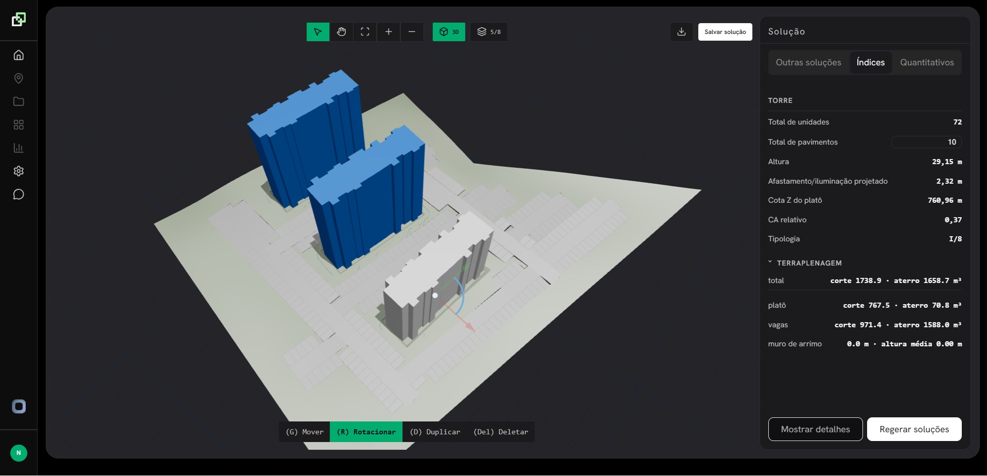 Arqgen platform 3D tower editing view with solution indices panel