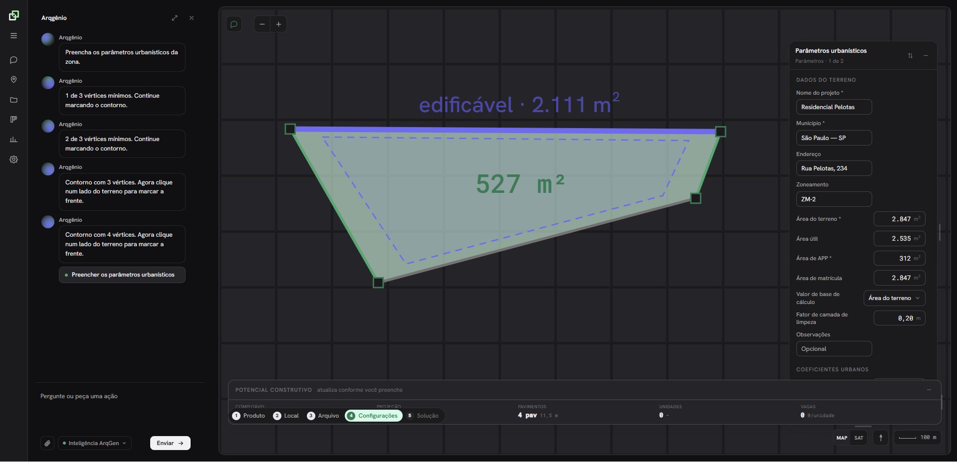 Arqgen platform exploration: chat-guided site drawing with urban parameters panel